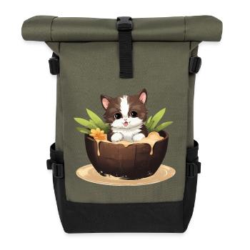 Katze mit Kokosnuss, Süßes Sommerdesign - Rolltop Rucksack - Olive/Schwarz - Vorne