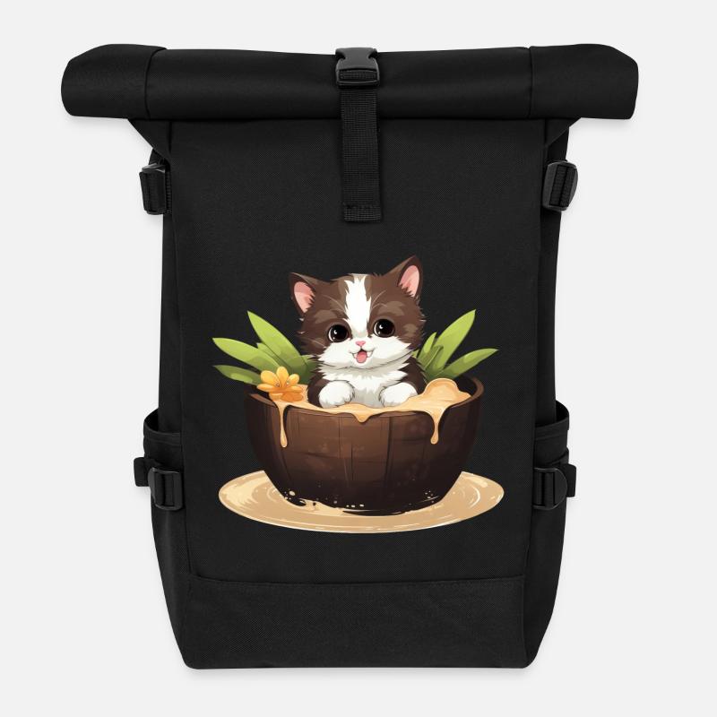 Katze mit Kokosnuss, Süßes Sommerdesign - Rolltop Rucksack - Schwarz