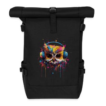Lustige Eule hört Musik über Kopfhörer - Rolltop Rucksack - Schwarz - Vorne