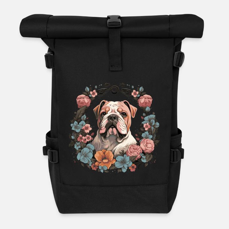 Englische Bulldogge mit Blumen - Rolltop Rucksack - Schwarz