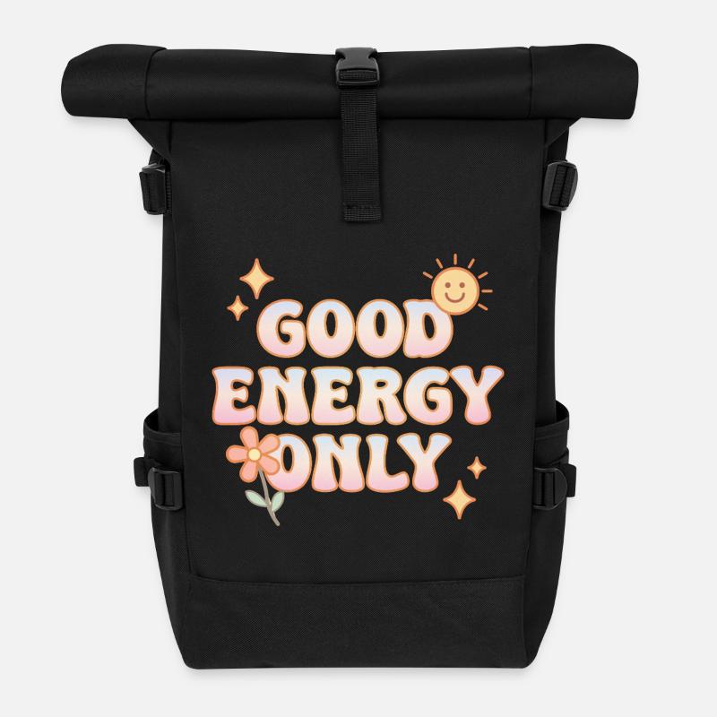 Good Energy Only – Retro-Pastell-Vibes - Rolltop Rucksack - Schwarz
