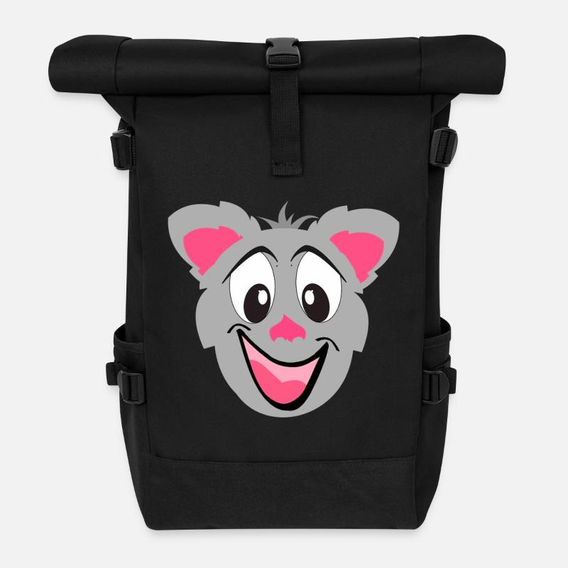 Graue Kawaii Katze Cartoon Gesicht - Rolltop Rucksack - Schwarz
