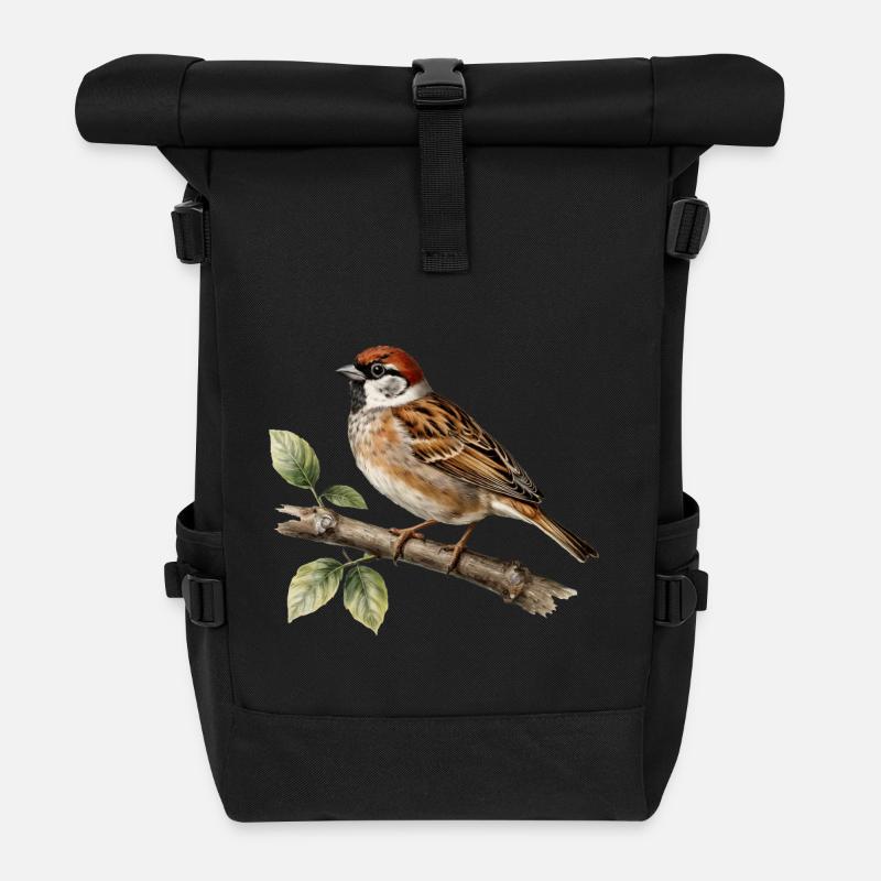 Spatzenfink, Vogel auf botanischem Zweig - Rolltop Rucksack - Schwarz