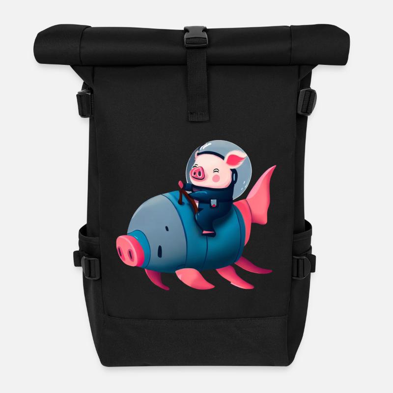 Schwein Astronaut auf Schweine Rakete - Rolltop Rucksack - Schwarz