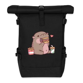 Cute Chubby Pygmy Hippo Loves Eating Burger - Roll Top Backpack - black - Front