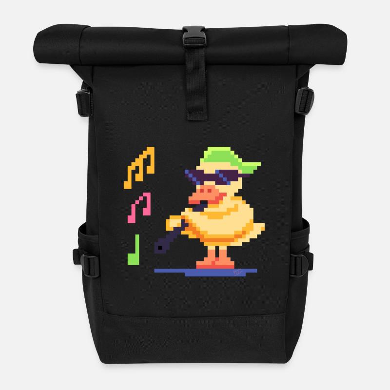 Pixel Art Duck playing Music  - Roll Top Backpack - black