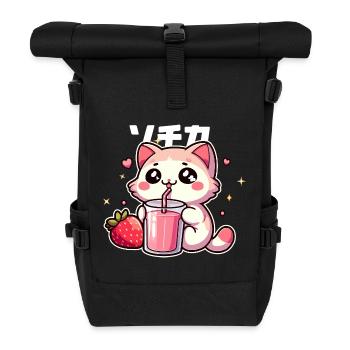 Kawaii kitten drinking strawberry smoothie - Roll Top Backpack - black - Front