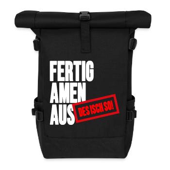 Großbuchstaben Stempelbanner - Fertig Amen Aus - Rolltop Rucksack - Schwarz - Vorne