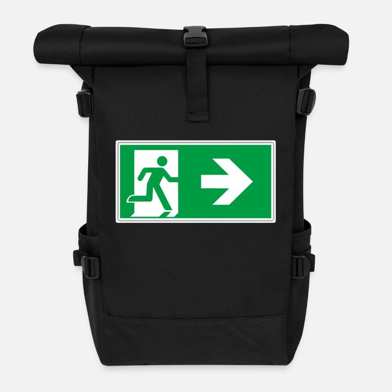 escape route sticker sign emergency exit right go - Roll Top Backpack - black