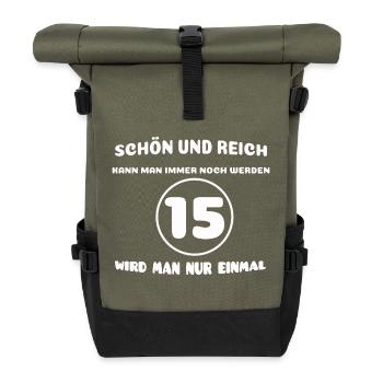 15. Geburtstag: Lustiger Spruch - Rolltop Rucksack - Olive/Schwarz - Vorne