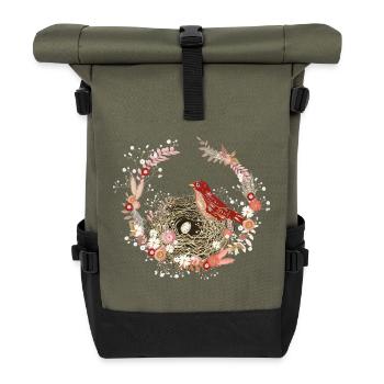 Trockenblumen Kranz mit Vogelnest und Vogel Motiv - Rolltop Rucksack - Olive/Schwarz - Vorne
