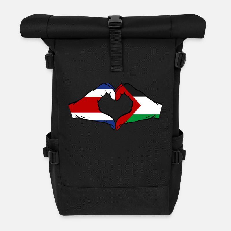 Costa Rica Palestine Flag Hands Heart Shape - Roll Top Backpack - black