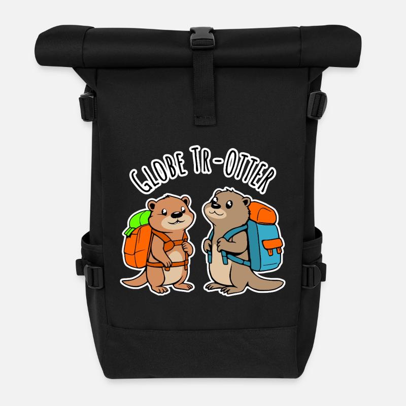 Zwei niedliche Backpacker Otter auf Weltreise - Rolltop Rucksack - Schwarz