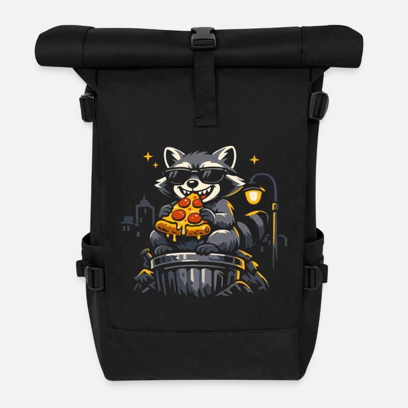 Niedlicher Waschbär Pizza Lustig Wilde Tiere - Rolltop Rucksack - Schwarz