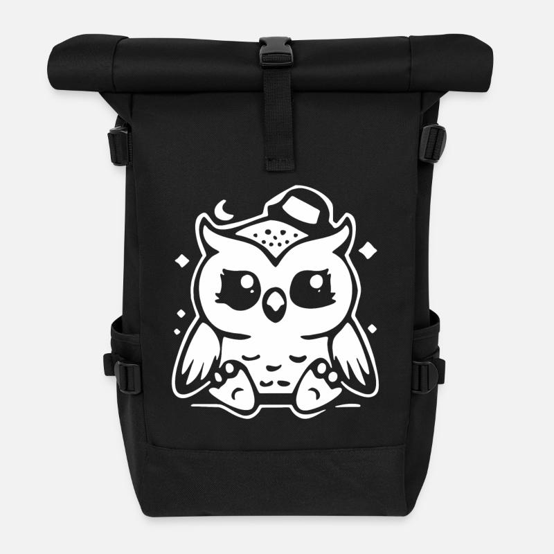Cute Owl Figurine with Hat - Roll Top Backpack - black