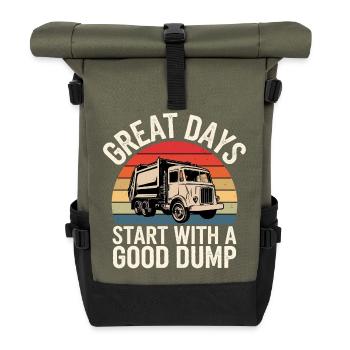 Großartige Tage beginnen mit einer guten Müllkippe - Rolltop Rucksack - Olive/Schwarz - Vorne