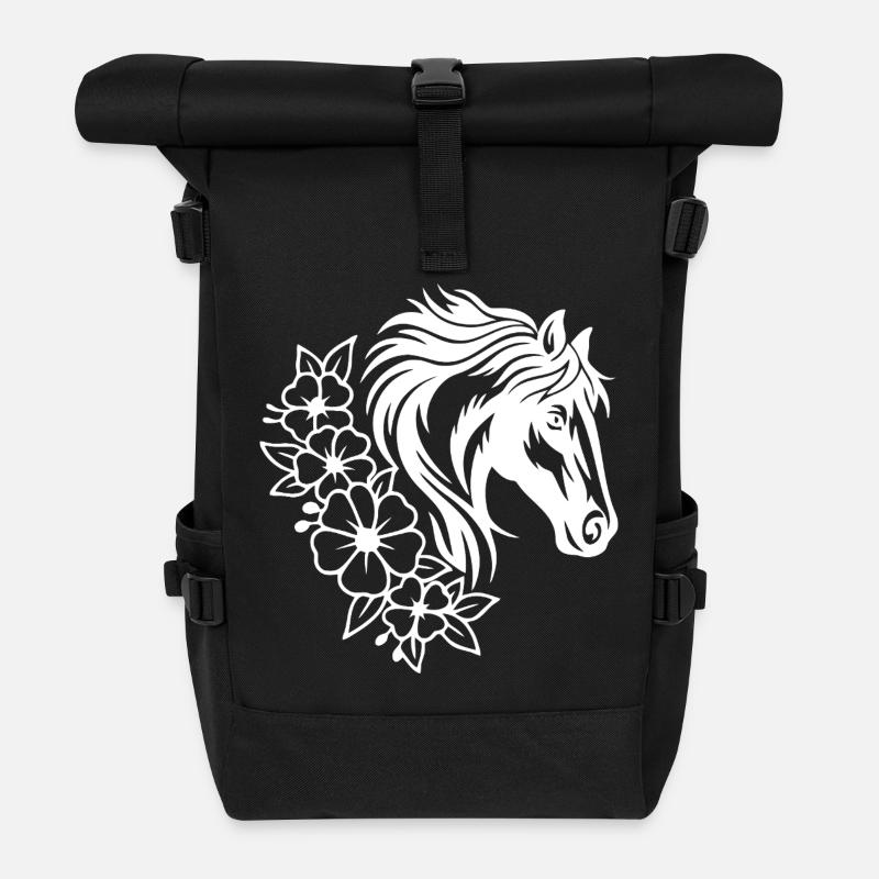 Elegant Horse and Floral Line Art Design - Roll Top Backpack - black
