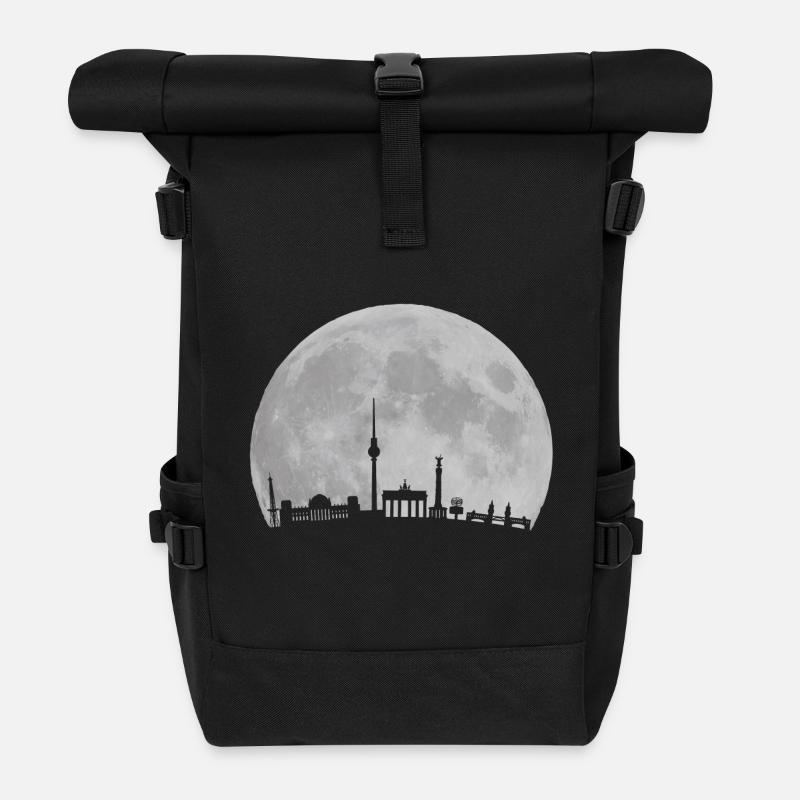 Berlin Skyline vor Mond Fernsehturm Bundestag - Rolltop Rucksack - Schwarz