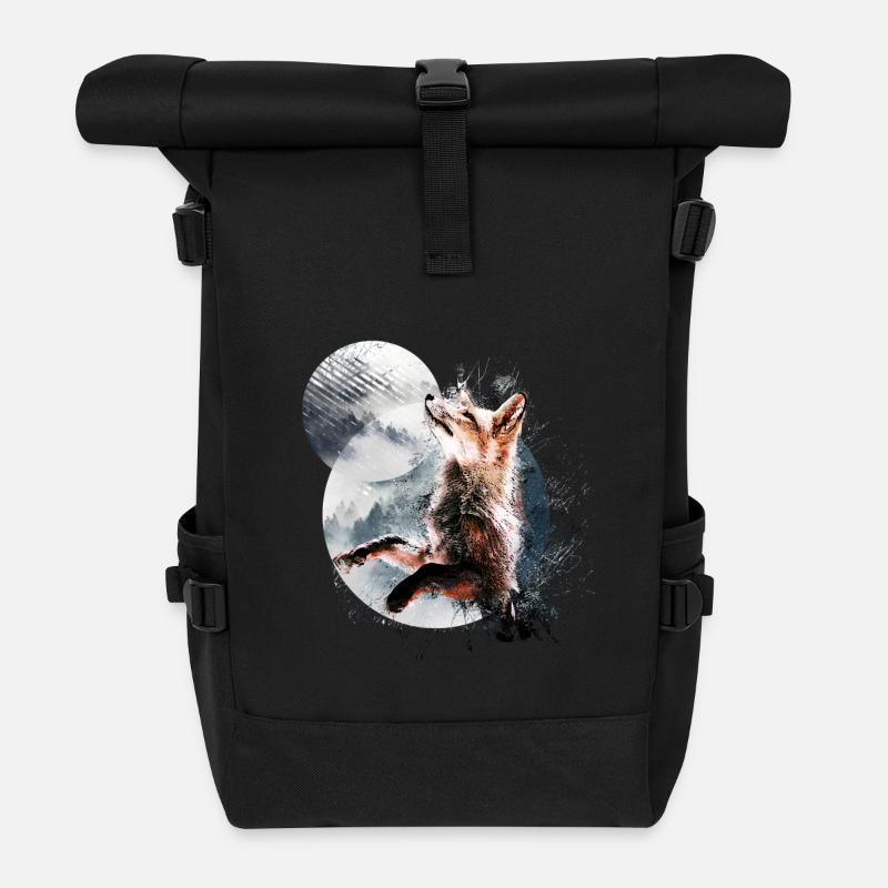 Fuchs im Mondschein - Rolltop Rucksack - Schwarz