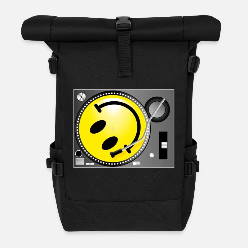 Smiley Record Player - Roll Top Backpack - black