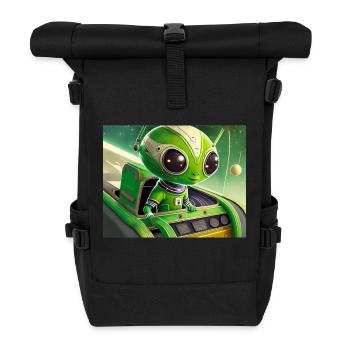 cute little green retro vintage alien flying a UFO - Roll Top Backpack - black - Front