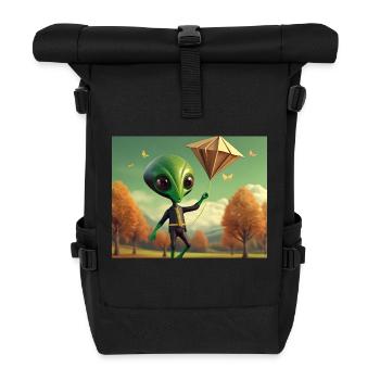 cute little green retro vintage alien fly a kite - Roll Top Backpack - black - Front