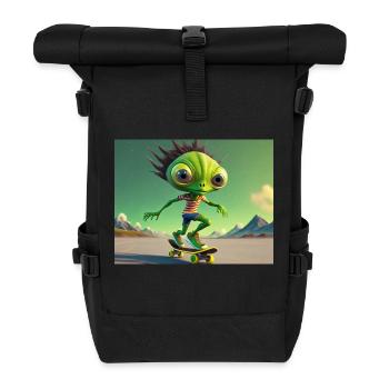 niedliches kleines grünes Retro Alien Skateboarden - Rolltop Rucksack - Schwarz - Vorne
