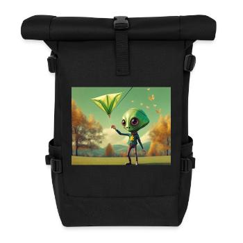 cute little green retro vintage alien fly a kite - Roll Top Backpack - black - Front