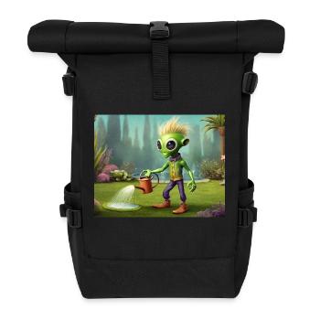 cute little green retro vintage alien everyday - Roll Top Backpack - black - Front