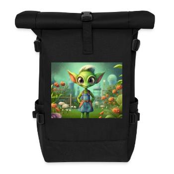 cute little green retro alien working garden - Roll Top Backpack - black - Front
