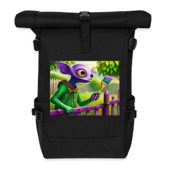 cute little green vintage alienpainting a fence - Roll Top Backpack - black - Front