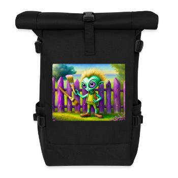 cute little green retro alien painting a fence - Roll Top Backpack - black - Front