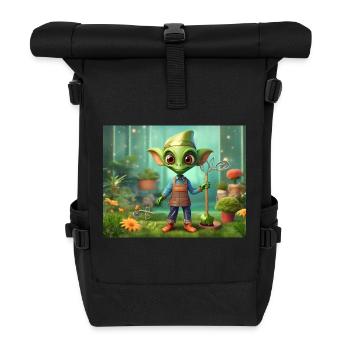 cute little greenvintage alien working garden - Roll Top Backpack - black - Front