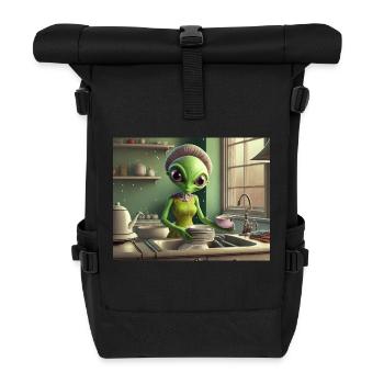 cute little green retro vintage alien everyday - Roll Top Backpack - black - Front