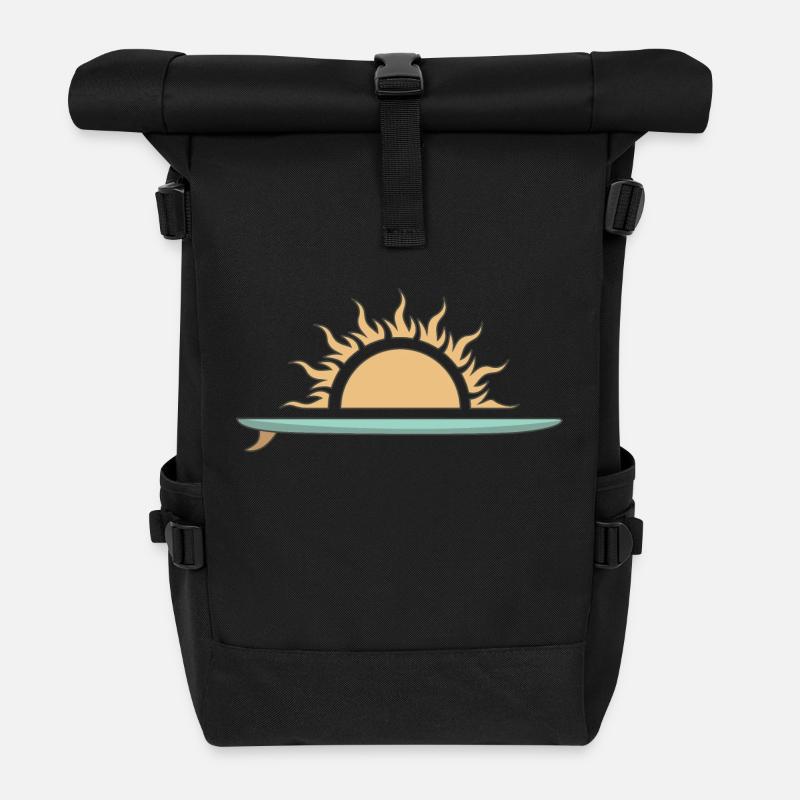 Surfboard mit Sonnenuntergang - Rolltop Rucksack - Schwarz