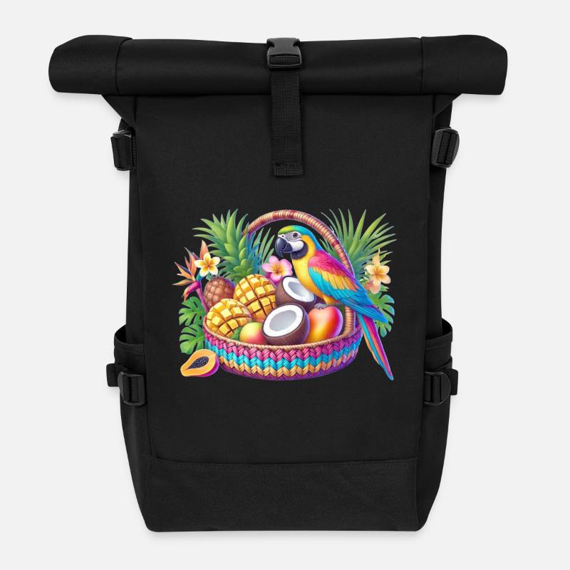 Obstkorb mit Papagei - Rolltop Rucksack - Schwarz