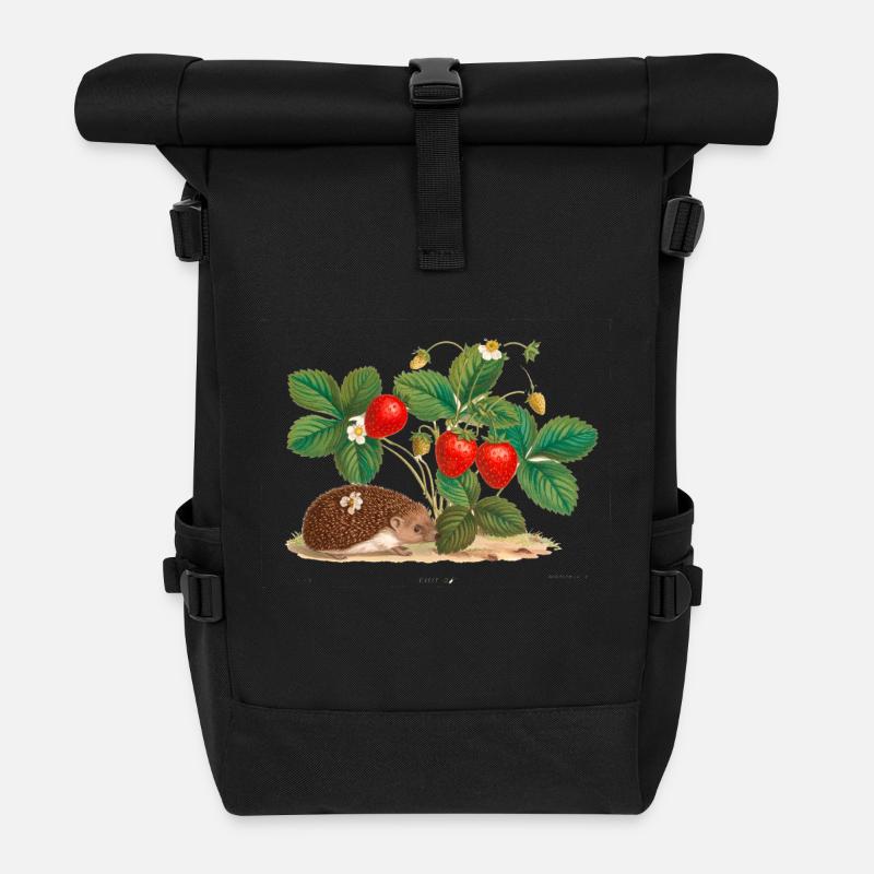 fraises, vintage, rétro, dessin, hérisson - Sac à dos roll top - noir