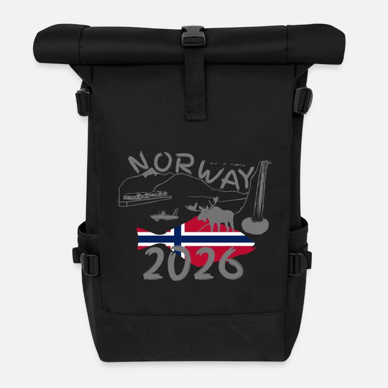 Norwegen 2026 Heilbutt mit Bergen und Elch Angeln - Rolltop Rucksack - Schwarz