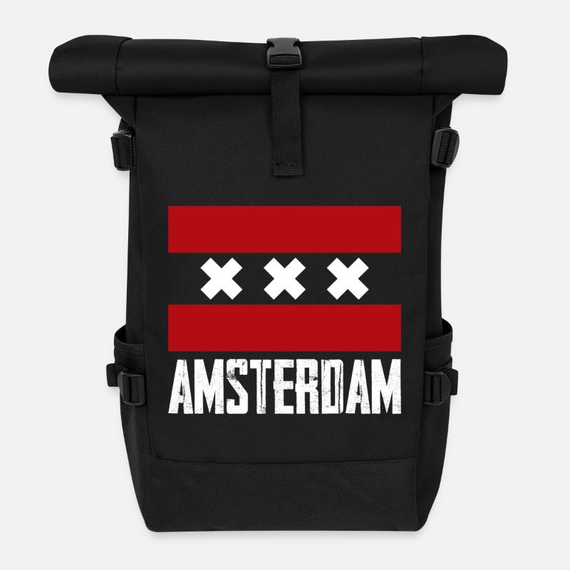 Amsterdam X Gestreiftes Emblem - Rolltop Rucksack - Schwarz