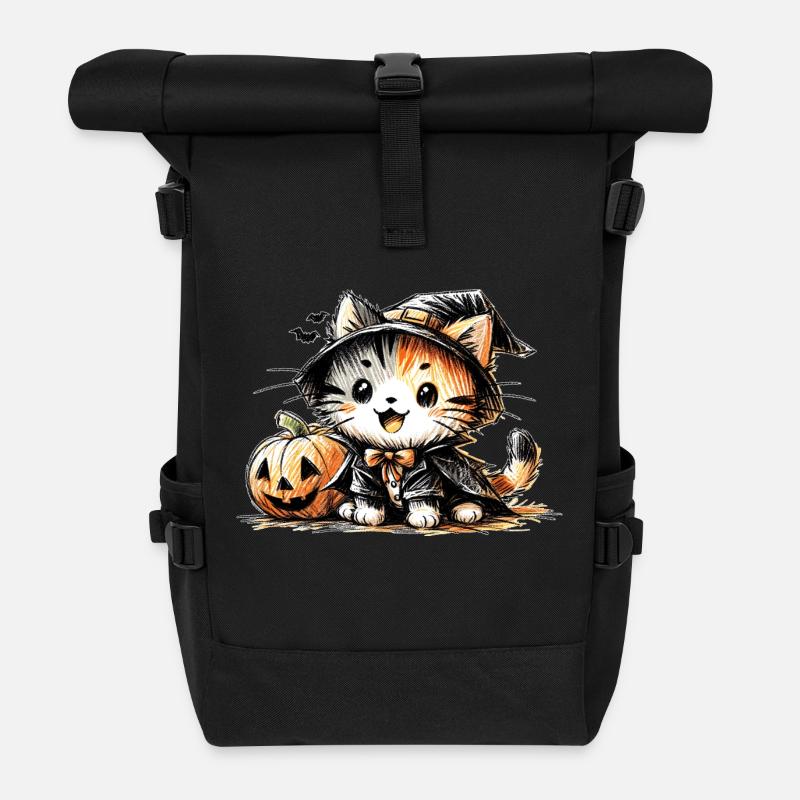 Halloween cat with pumpkin - Roll Top Backpack - black