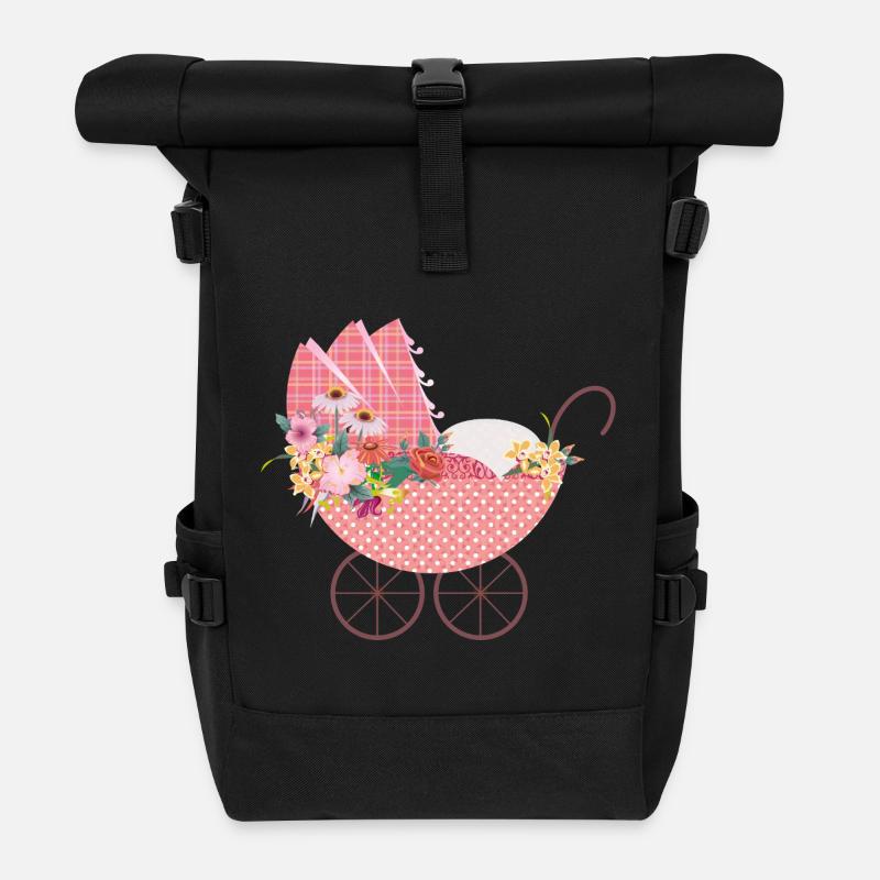 Verspielter Blumen-Kinderwagen –Romantisches Motiv - Rolltop Rucksack - Schwarz
