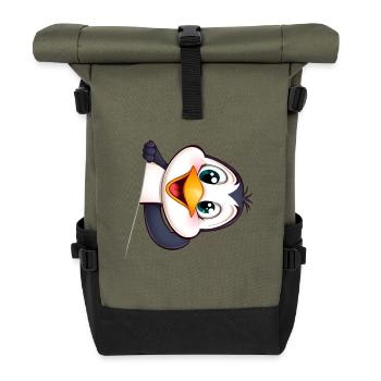 Cute penguin looking out cartoon animal motif - Roll Top Backpack - olive/black - Front