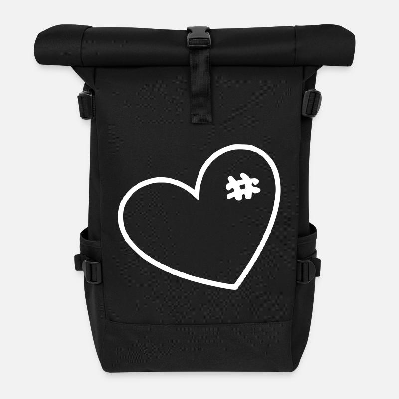 Weißes Herz mit Nähten - Rolltop Rucksack - Schwarz