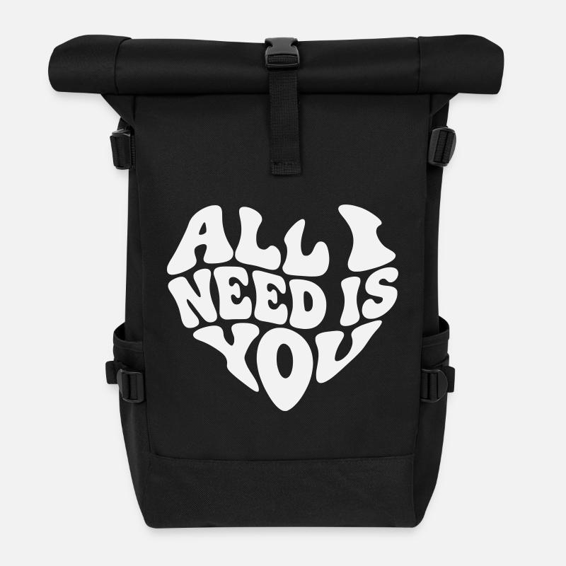 All I Need Is You - Valentine White Heart - Roll Top Backpack - black