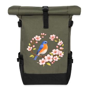 Bluebird with cherry blossom spring motif - Roll Top Backpack - olive/black - Front