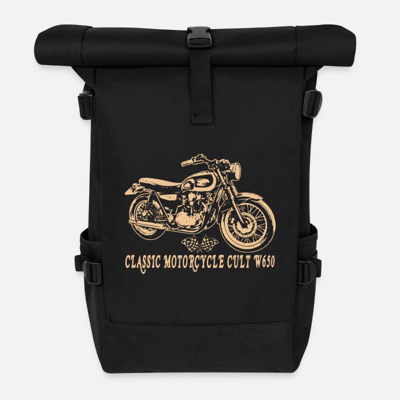 Caferacer Kawa W650 Classic Motorrad - Rolltop Rucksack - Schwarz
