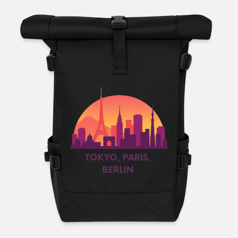 Skyline Trio Tokyo Paris Berlin at sunset - Roll Top Backpack - black