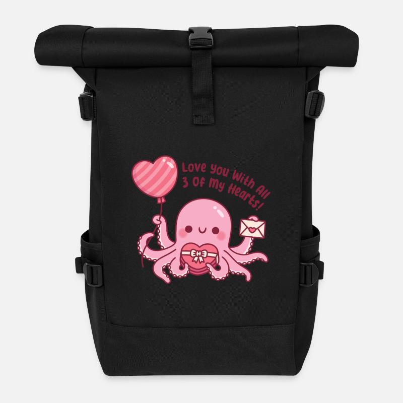 Un mignon poulpe rose t’aime de mes trois cœurs - Sac à dos roll top - noir