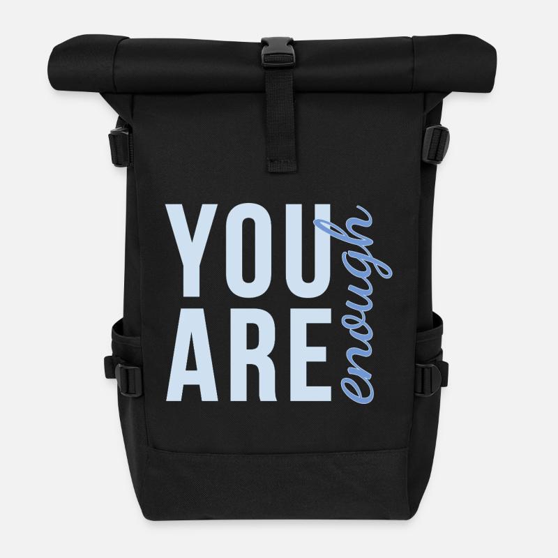 You Are Enough Schriftzug in sanftem blau - Rolltop Rucksack - Schwarz