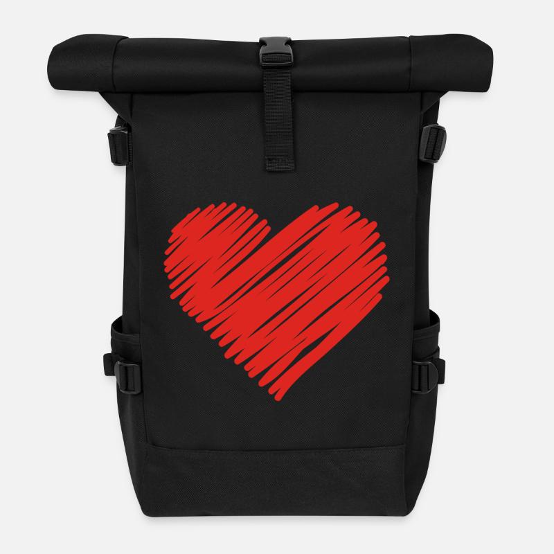 Red Sketch Heart Motif - Roll Top Backpack - black